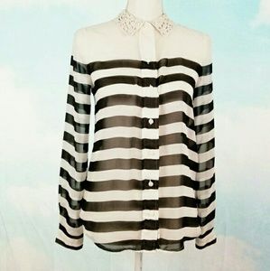 LC Lauren Conrad Sheer Striped Blouse Lace…